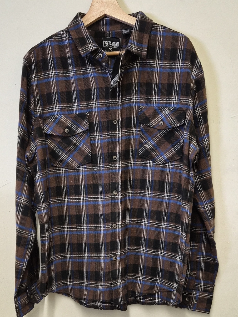 Premium Plaid Button-Down Shirt in Brown and Blue Size L